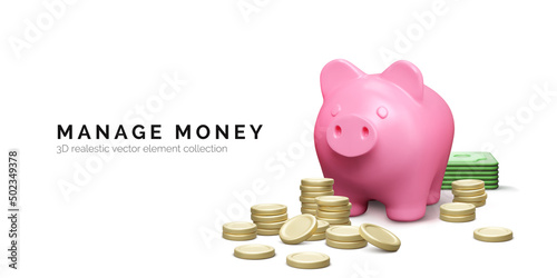 Piggy bank with stack of gold coins. Money savings concept. 3D realistic pig and money stack. Finance investment and business concept