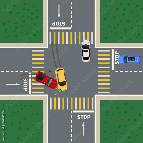 Road accident between two cars. Crash on city crossroad top view. Street junction and wreck auto. Broken vehicles after collision in intersection. Traffic regulations.Rules of road.Vector illustration