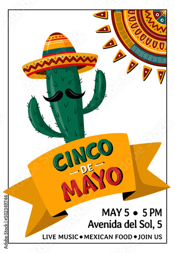 Cinco de Mayo, May 5, federal holiday in Mexico. Fiesta vector banner design with cactus,  sombrero and stylised sun in aztec style. Poster, invitation, greeting card concept