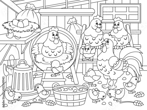 Agricultural premises, chicken coop. Farm bird, chicken family. Vector illustration, children coloring book.