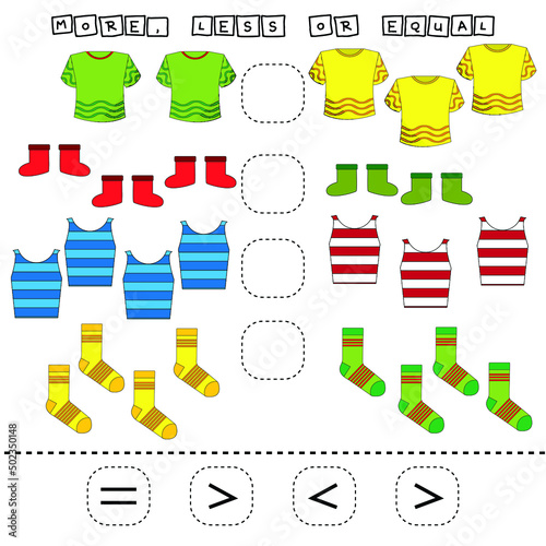Developing activities for children, compare which more clothes.  Logic game for children, mathematical inequalities.