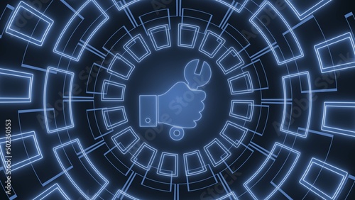 Technology background - Hand with wrench surrounded by arranged in a circle graphic elements in blue - 3D Illustration