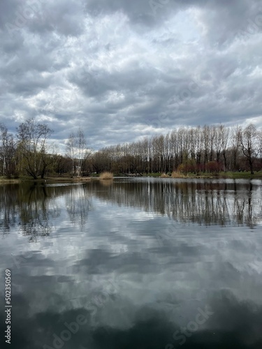 Sky and trees reflection on the lake surface