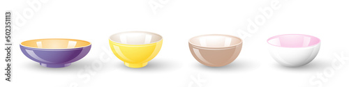 Set of empty bowls. Colourful empty dishes isolated on a white background. Collection of Kitchen objects for cooking. Noodle bowl. Bowl realistic. White ceramic glass cooking dishes for food. Vector