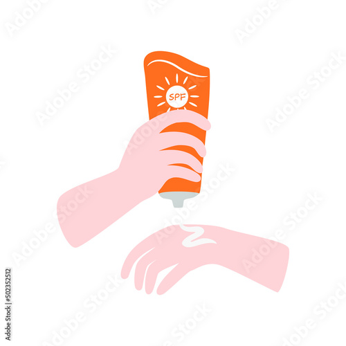 Hands applying sunscreen. Vector illustration for using spf sunblock cream. Skin cancer protection.