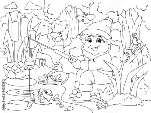 Cheerful gnome on a fishing trip. Vector illustration, page coloring book.