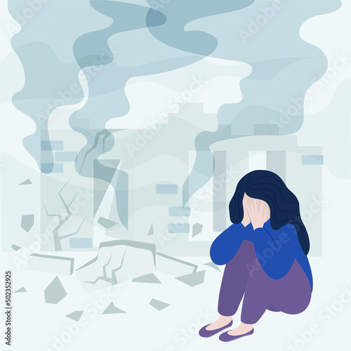 Lonely young girl sitting on floor and cover her face with arms against the backdrop of a bombed-out house. Need help emigration or refugee. Vector illustration.