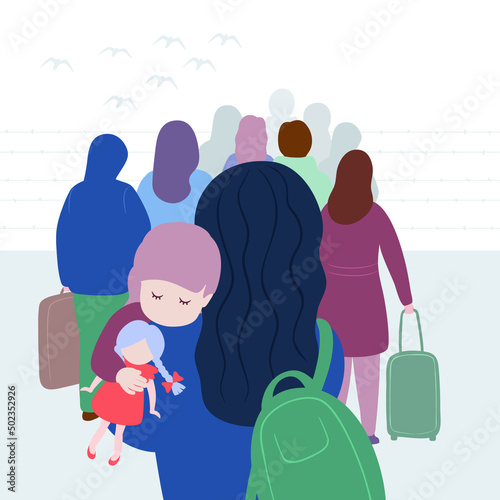 Fotótapéta Refugees leaving country, people fleeing from war conflict, immigrants with children, babies running away from humanitarian crisis, mothers with babies