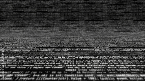 Lots of white text on black background. Animation. Endless white text of program code inside computer. System code appears endlessly and moves along curved black background