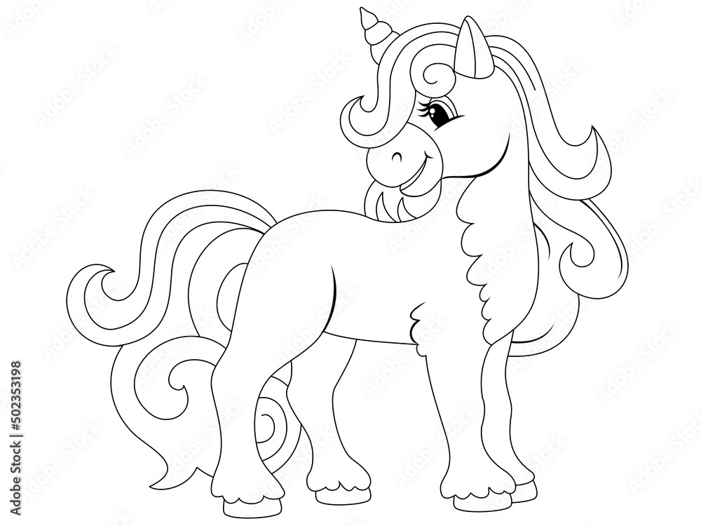 Cheerful unicorn. Raster illustration, children coloring book.