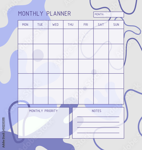 Month planner template. Calendar. A planner for month organization of time with abstract background. Illustration hand-drawn. photo