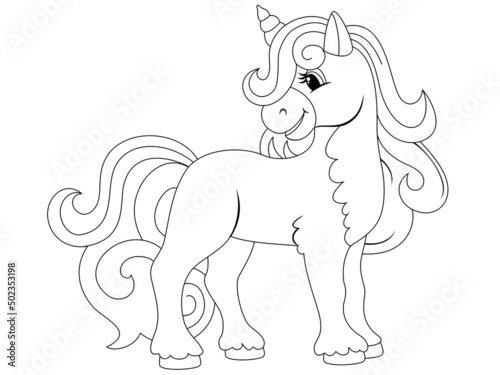 Cheerful unicorn. Raster illustration  children coloring book.