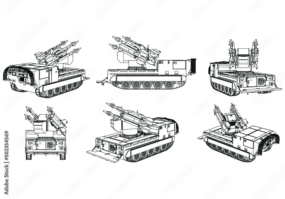 Anti-aircraft missile system. Rockets and shells. Special military equipment. Air Attack. Vector Military machine. Military vehicle logotype.
