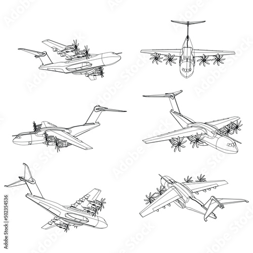 A400 military transport cargo aircraft isolated on white background. Vector Military machine. Military vehicle logotype.