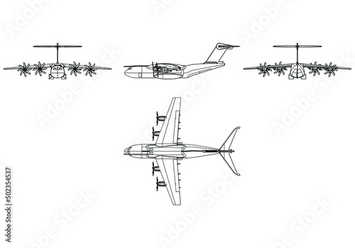 A400 military transport cargo aircraft isolated on white background. Vector Military machine. Military vehicle logotype. photo