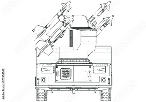 Anti-aircraft missile system. Rockets and shells. Special military equipment. Air Attack. Vector Military machine. Military vehicle logotype.