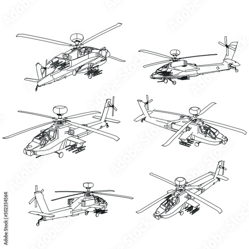Apache attack helicopter isolated on white background. Vector Military machine. Military vehicle logotype.