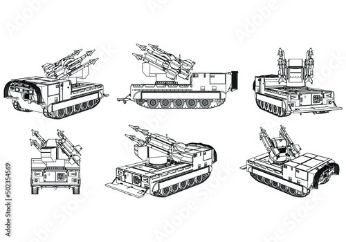 Anti-aircraft missile system. Rockets and shells. Special military equipment. Air Attack. Vector Military machine. Military vehicle logotype.
