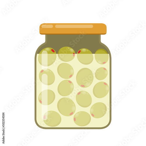Pickled olives vector. Green olives in a jar closeup on a white background.