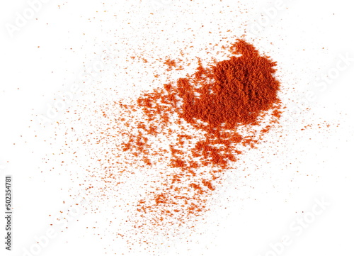 Pile of red paprika powder isolated on white, top view