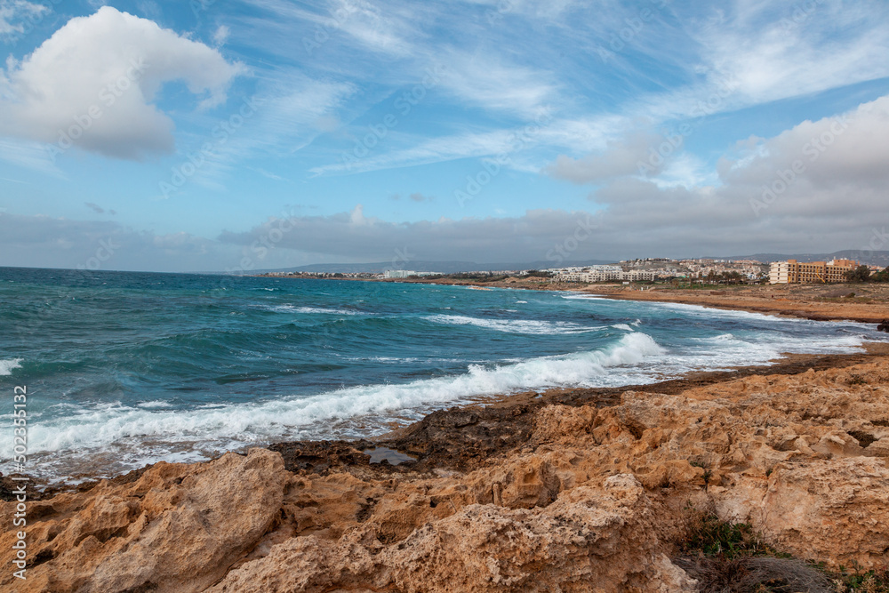 Summer stunning colorful landscape, a blue sea shore, the coast of Cyprus, the neighborhood of Paphos