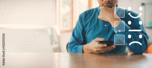  Business people are touching phone virtual screen  to give satisfaction in service. Customer service and Satisfaction concept.