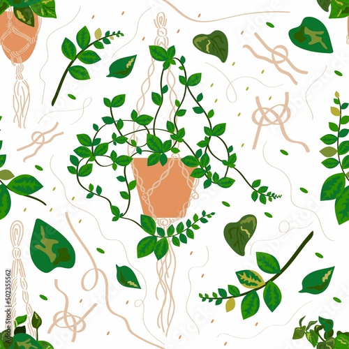 Vector seamless pattern of macrame and plants. Home hobbies, wicker hanging pots for houseplants. Design for printing on textiles, paper, packaging, wallpaper.
