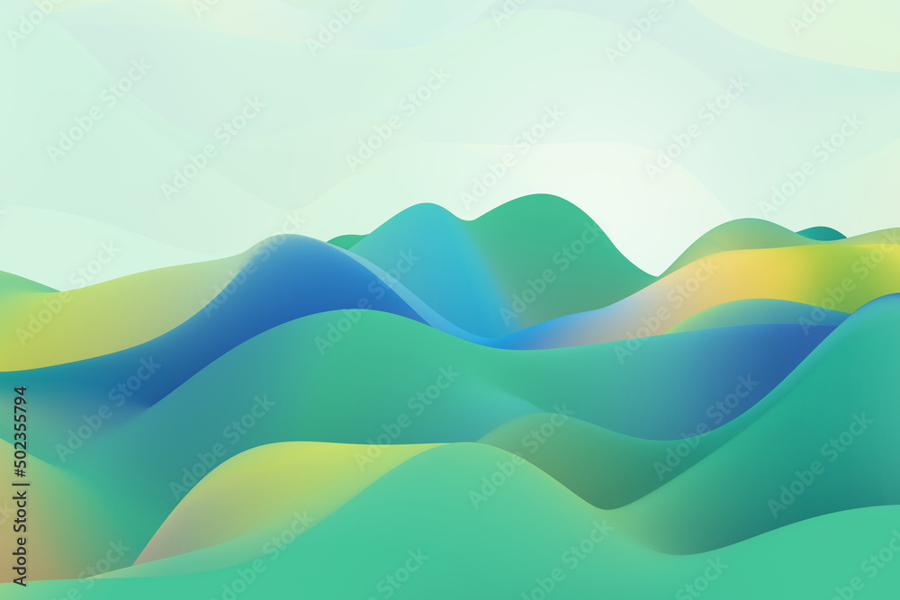Trendy holographic liquid wave backdrop. Green, yellow and blue wavy fluid gradient 3d rendering background Trendy holographic liquid wave backdrop. Green, yellow and blue wavy fluid gradient 3d rendering background