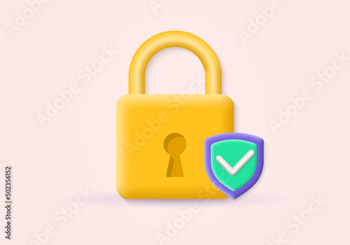 Lock with shield and check mark 3d icon. Safe access sign with padlock. Safety, privacy, web security, protect symbol. Vector illustration.
