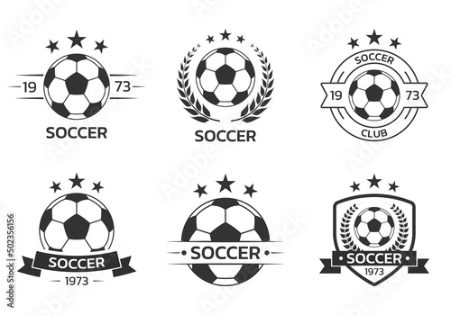 Soccer logo set with a ball. Football club or team emblem, badge, icon design. Sport tournament, league, championship label. Vector illustration.