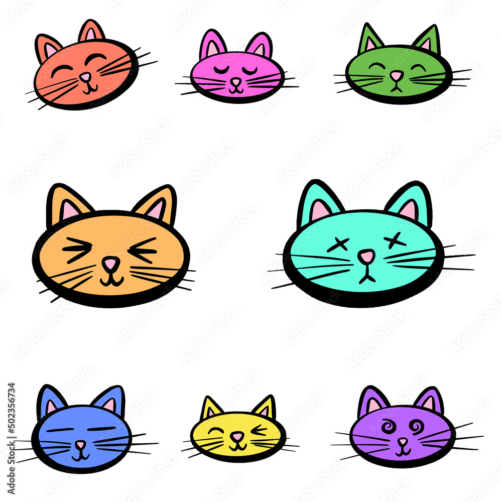 Cute Cartoon Kitten Cat Faces Kawaii Style Design in Vector