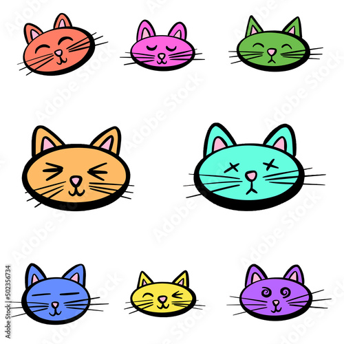 Cute Cartoon Kitten Cat Faces Kawaii Style Design in Vector