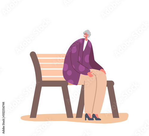 Old Woman Sparetime on Street. Senior Female Character Sitting on Bench in Park or House Yard Enjoy Outdoor Recreation
