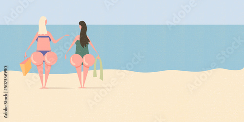 Two girlfriend with big booty on the beach relaxing. Vector hello summer concept minimalistic illustration with woman , summer beach, ocean, sand and blue clear sky.Summer vacation graphic funny flyer
