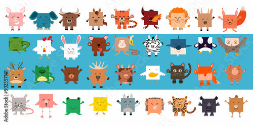 A large set of square-shaped animals. Vector illustration in a flat style
