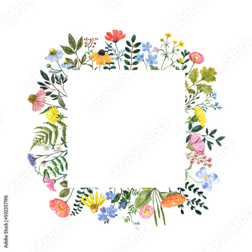 Square floral border. Bright colorful summer frame with hand-painted wildflowers, isolated on white background. Watercolor botanical card, invitation design.