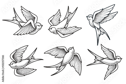 Old School Tattoo Swallow Birds Set