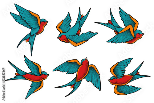 Old School Tattoo Swallow Birds Set