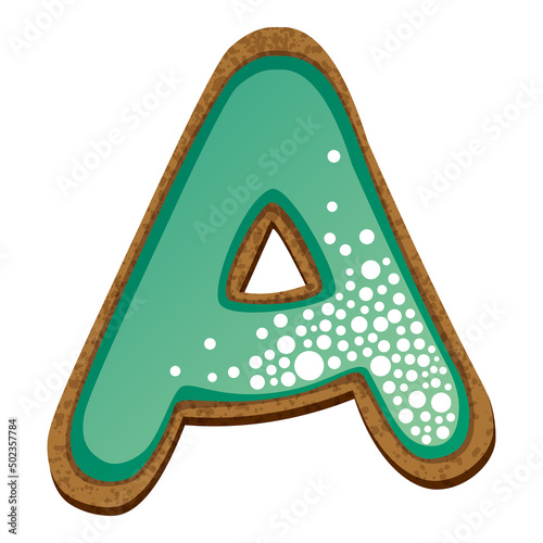 Letter a in the form of cookies with aquamarine icing, alphabet, vector illustration