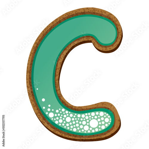 Letter c in the form of cookies with aquamarine icing, alphabet, vector illustration