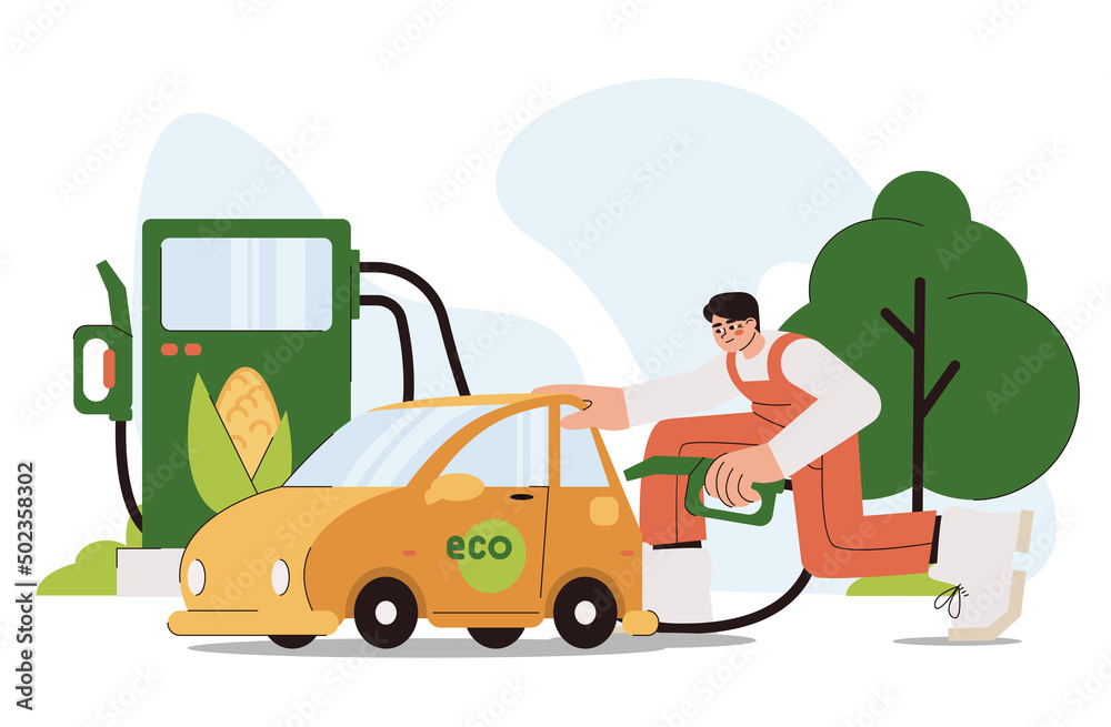 Flat man refueling car with biofuel on petrol station. Character driver hold fuel nozzle and fill auto of ethanol or biodiesel from biomass corn. Green ecology alternative energy concept.