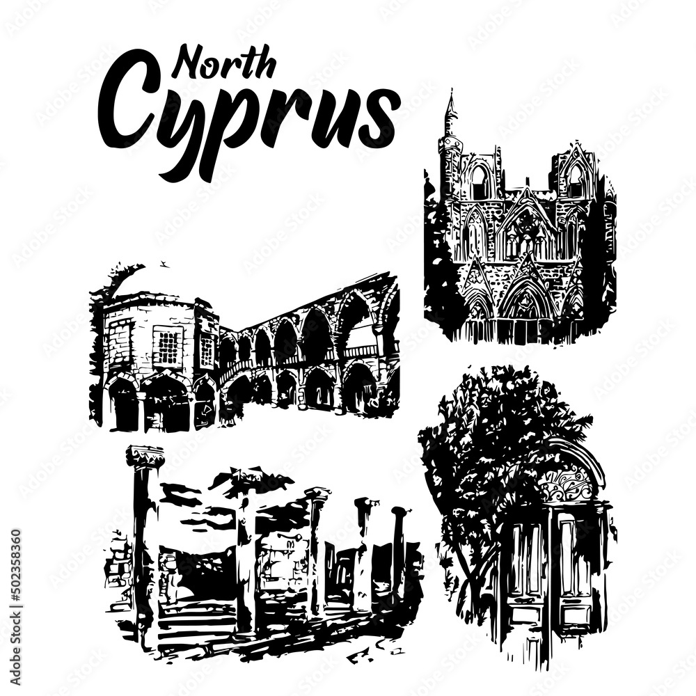 Obraz premium North Cyprus. Set of Hand drawn watercolor drawing of landmarks, illustration art.