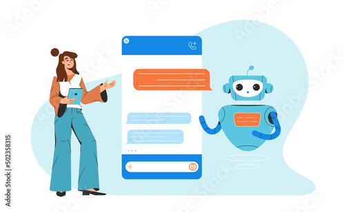 Chatbot technology. Flat woman chatting and communicating with artificial intelligence. Smartphone interface with chat bot dialog message icons at screen. AI robot assistant, online customer support.