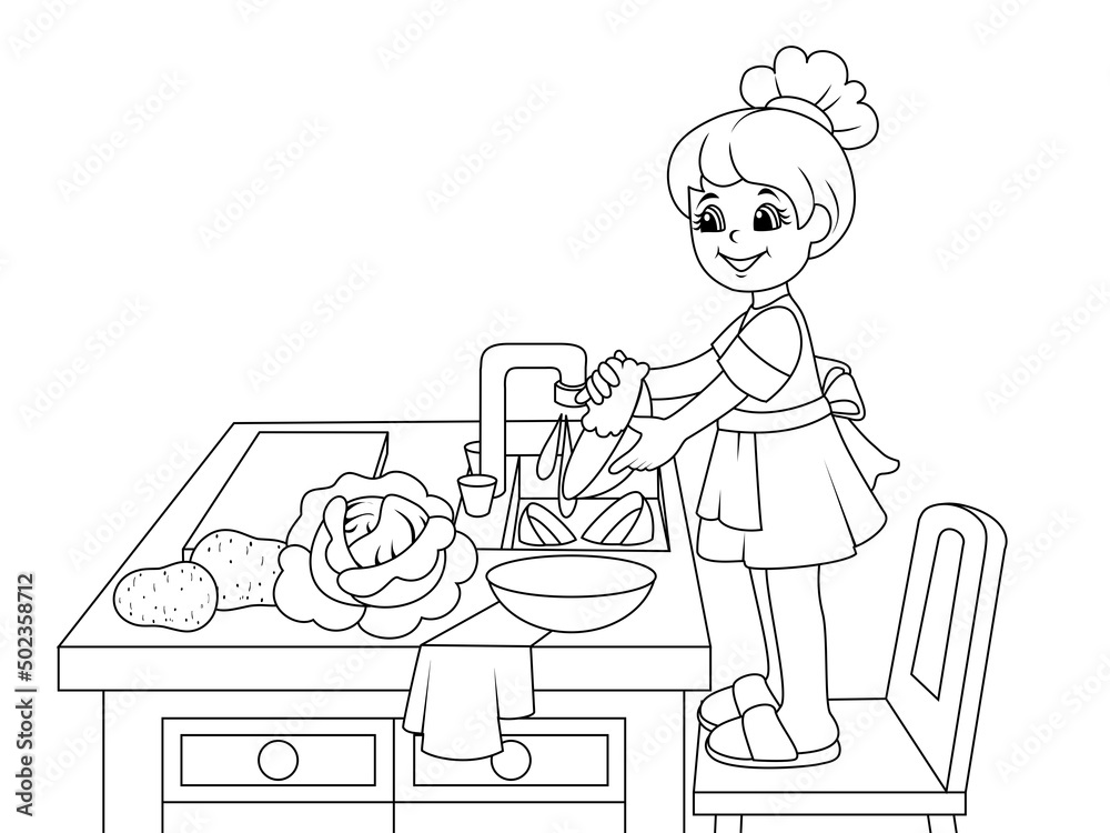 Girl is washing the dishes. Raster illustration, coloring book. Girl is washing the dishes. Raster illustration, coloring book.