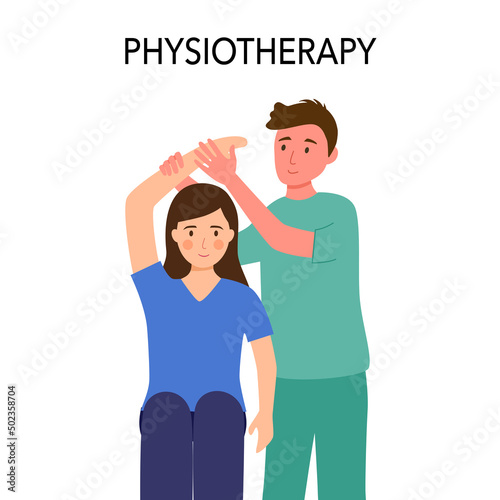 Physiotherapy or injury rehabilitation treatment concept vector illustration. Physiotherapist help female patient to do physiotherapy exercise.