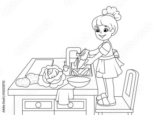 Girl is washing the dishes. Raster illustration, coloring book.