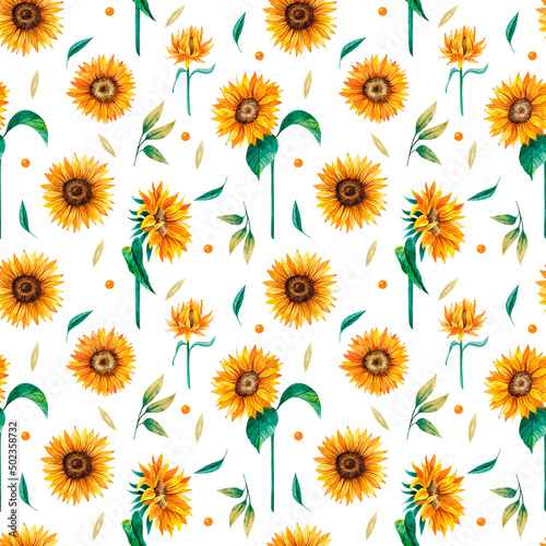 Sunflowers watercolor hand drawn seamless pattern. Yellow flowers pattern isolated on white background 