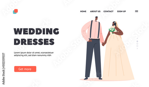 African Couple Wedding Ceremony Landing Page Template. Black Groom in Suit and Bride in White Dress with Bouquet
