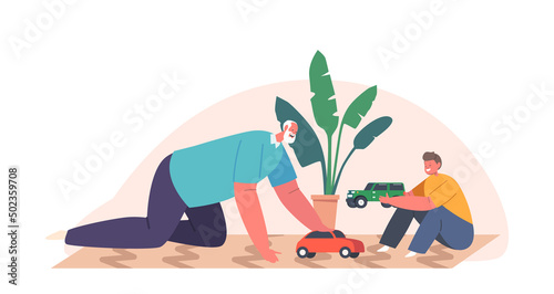Happy Family Characters Grandfather and Kid Playing Toys Sitting on Floor. Old Man and Small Boy Game and Fun