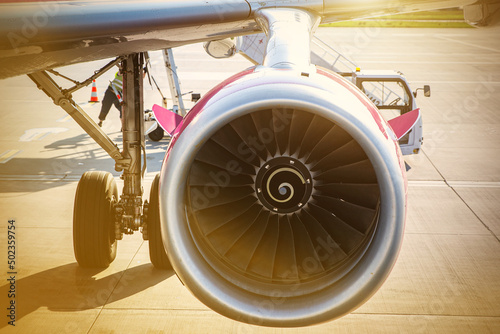 Close-up of an aircraft engine.